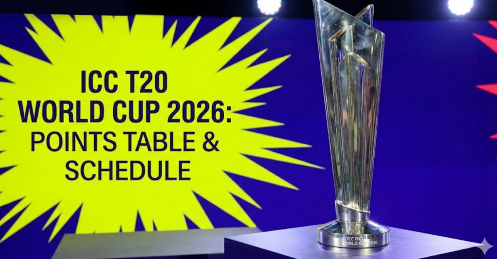 The ICC T20 World Cup 2026 trophy on display, with a banner behind it highlighting the tournament's points table and schedule.