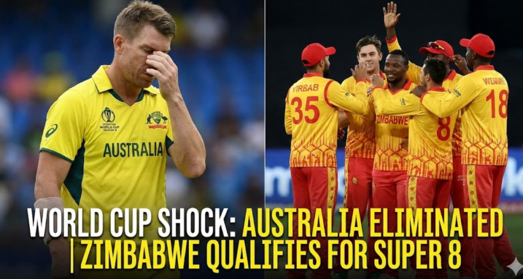A photo montage capturing the contrasting emotions of the eliminated Australian team and the celebratory Zimbabwean team after qualifying for the Super 8 stage of the T20 World Cup 2026.