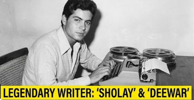 Black and white photo of young Salim Khan writing scripts with text "Legendary Writer: Sholay & Deewar"