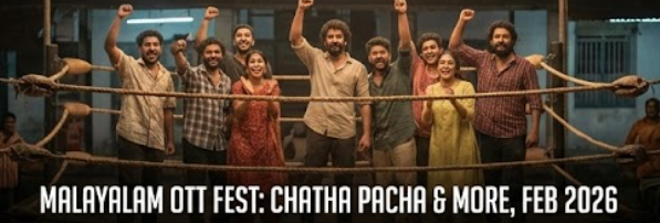 "A group of men cheering in a makeshift wrestling ring, with text 'MALAYALAM OTT FEST: CHATHA PACHA & MORE, FEB 2026' highlighting upcoming movie releases."