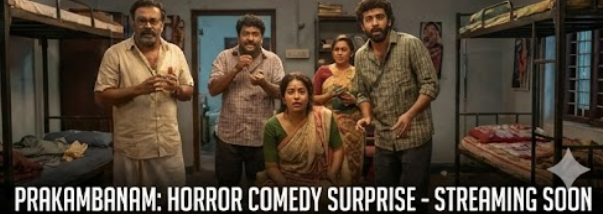 "A group of people with scared expressions standing in a hostel room, with a text overlay for the horror-comedy film 'PRAKAMBANAM' stating it is streaming soon."