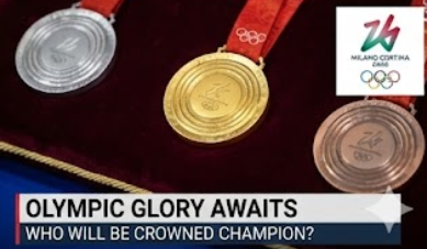 Close up of the Olympic Gold Silver and Bronze medals for Milano Cortina 2026 with text overlay Olympic Glory Awaits Who Will Be Crowned Champion