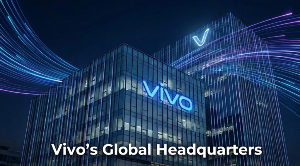 A nighttime view of a modern glass office building with the word "vivo" and a 'V' logo illuminated in blue on the facade. Streaks of blue and purple light arc across the sky. The text "Vivo's Global Headquarters" is overlayed at the bottom in white.
