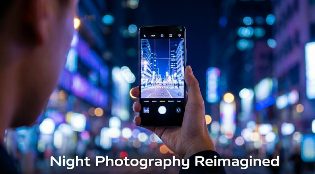 A close-up photograph of the back of a Vivo smartphone with a blue and purple gradient finish. The camera module with multiple lenses is visible in the upper left corner. The text "Innovative Camera Technology" is overlayed at the bottom in white.