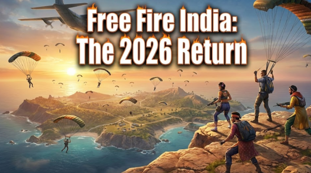 A squad of Free Fire characters, including Indian-themed avatars, overlooking the battle royale map at sunset as other players parachute from a plane. The text overlay reads "Free Fire India: The 2026 Return."