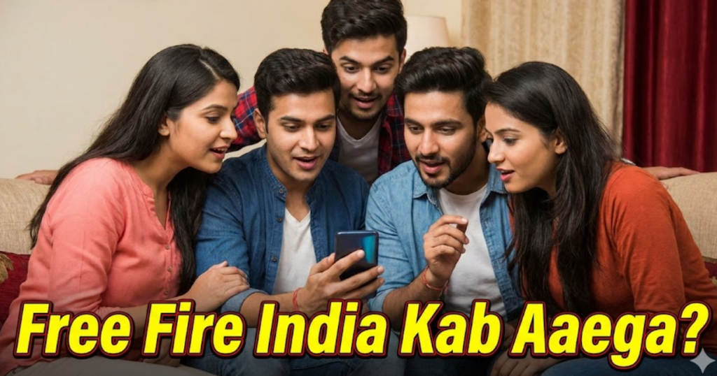 A group of young Indian friends excitedly gathered around a smartphone screen, anticipating the game's launch. The text overlay asks the popular Hindi question, "Free Fire India Kab Aaega?".