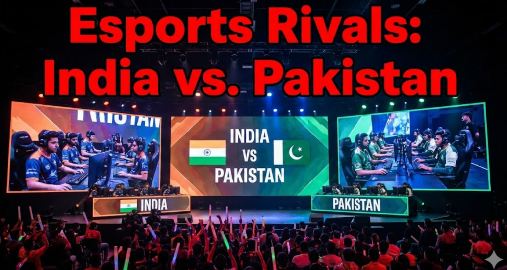 A large esports arena stage featuring a competitive match between India and Pakistan teams, with national flags displayed on big screens. Text overlay reads "Esports Rivals: India vs. Pakistan.