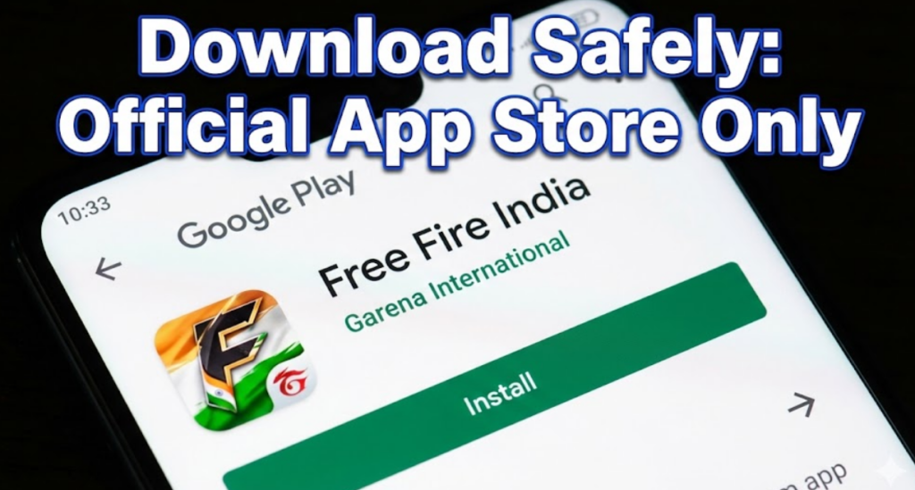 A close-up of a smartphone screen displaying the official Google Play Store page for the "Free Fire India" app by Garena International, ready for installation. Text overlay advises: "Download Safely: Official App Store Only."