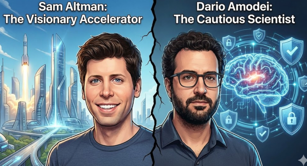A stylized split-screen portrait graphic. On the left, a smiling Sam Altman is shown against a backdrop of a futuristic cityscape with a rocket taking off, labeled "Sam Altman: The Visionary Accelerator". On the right, a serious Dario Amodei is shown with a glowing digital brain protected by shields and ethical icons, labeled "Dario Amodei: The Cautious Scientist". A crack separates the two halves.sam altman vs dario amodei