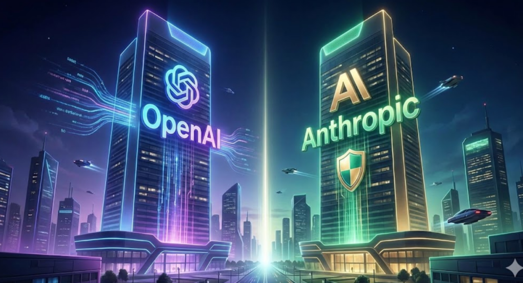 A futuristic nighttime cityscape featuring two prominent corporate towers separated by a beam of light. The left tower glows with blue and purple light and has a large "OpenAI" logo with data streams flowing from it. The right tower glows with green and gold light and has a large "Anthropic" logo with a shield icon. Smaller flying vehicles are visible around the towers. sam altman vs dario amodei