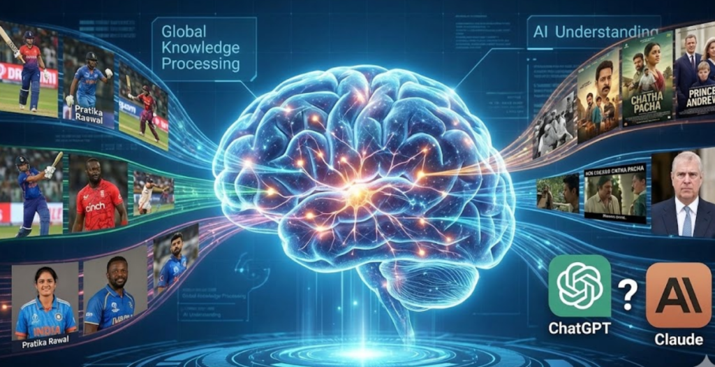 A conceptual illustration of a powerful artificial intelligence brain, with a glowing neural network at its core. Data streams with various images flow outwards from the brain, showing cricket players Pratika Rawal and Tony Munyonga, movie posters for "Chatha Pacha," a portrait of Prince Andrew, and the logos for "ChatGPT" and "Claude" side-by-side with a question mark. The background is a digital interface sam altman vs dario amodei