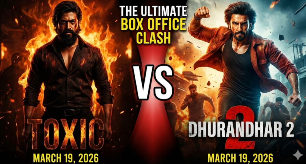 A split-screen graphic comparing the movies Toxic and Dhurandhar 2, highlighting their March 19, 2026 box office clash