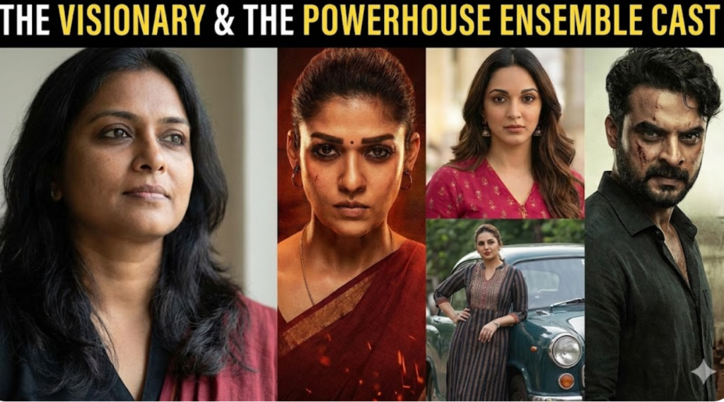 A collage of director Geetu Mohandas alongside lead actresses Nayanthara, Kiara Advani, and Huma Qureshi.