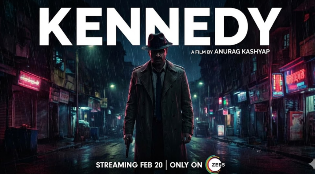 Neo-noir poster for Anurag Kashyap's Kennedy movie, featuring a silhouetted man on a rainy Mumbai street at night. Text confirms streaming Feb 20 on ZEE5.