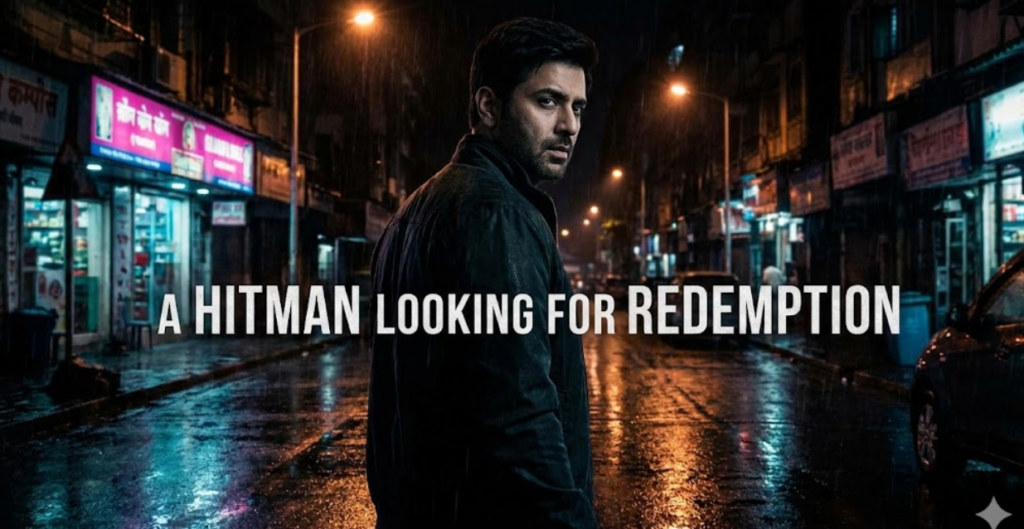 A still from the movie showing Rahul Bhat as the hitman Kennedy on a wet, neon-lit street at night looking back. Text overlay: "A hitman looking for redemption."