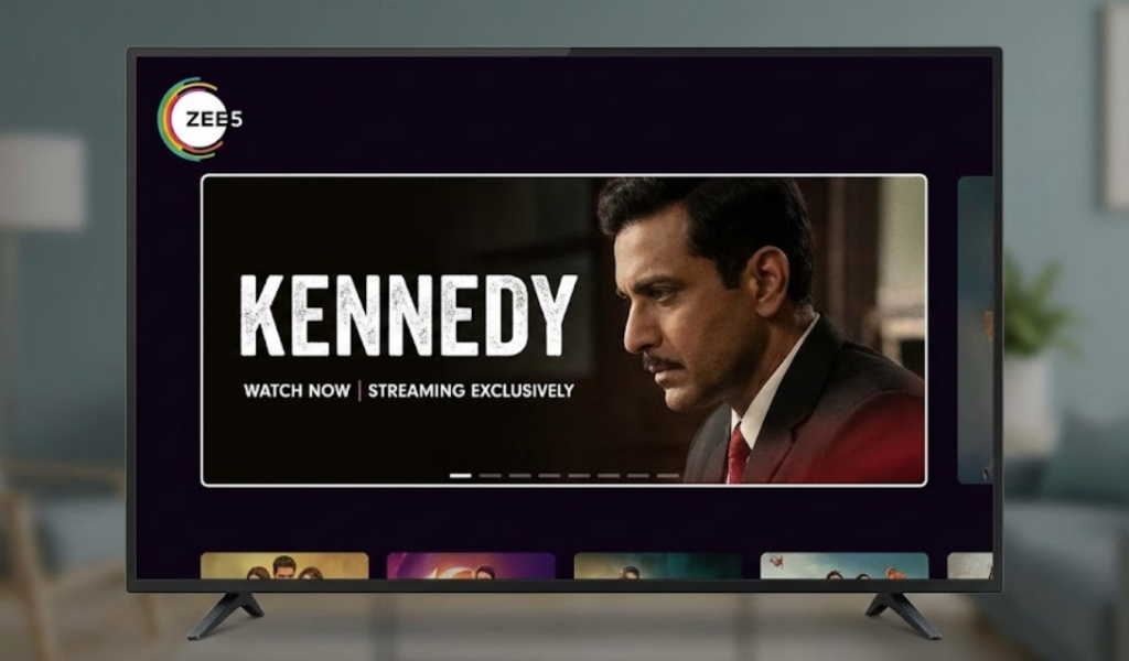 : A television screen displaying the ZEE5 streaming app interface with a large promotional banner for the Kennedy movie release.