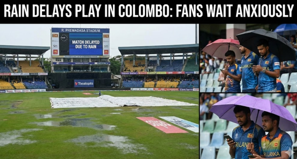 A stadium scoreboard announces a rain delay above a covered pitch while cricket fans wait under umbrellas.pakistan vs new zealand t20
