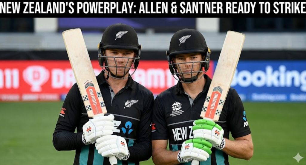 New Zealand national cricket team batsmen Finn Allen and Mitchell Santner stand fully geared with their bats. pakistan vs new zealand t20