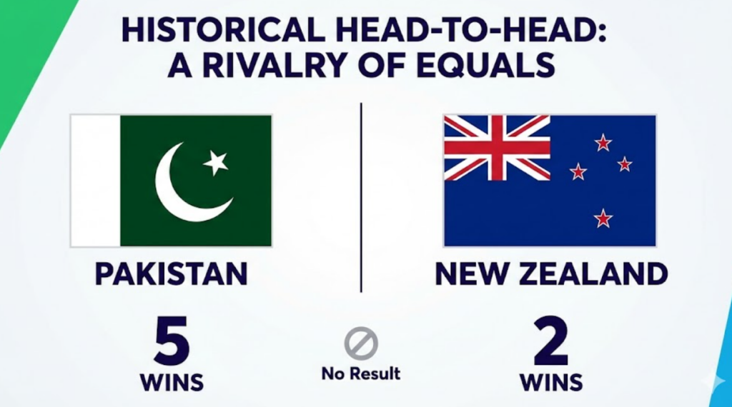 Graphic showing the Pakistan vs New Zealand T20 head-to-head record with five wins for Pakistan and two for New Zealand. pakistan vs new zealand t20