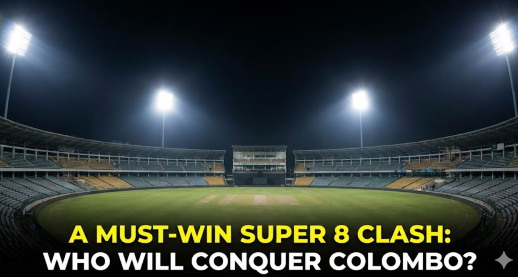 An empty, illuminated cricket stadium under bright floodlights at night awaiting the World Cup Super 8 clash.