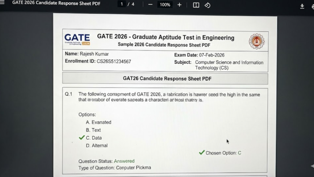 A sample digital copy of the official GATE 2026 candidate response sheet PDF for the Computer Science branch.