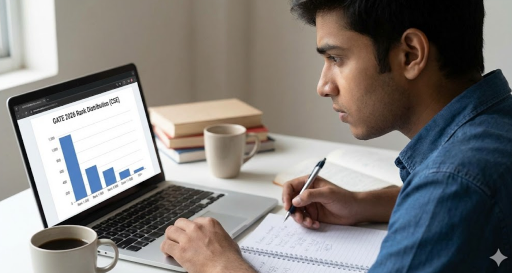 A stressed engineering student looking at a GATE 2026 rank predictor bar chart on their laptop screen to estimate their All India Rank