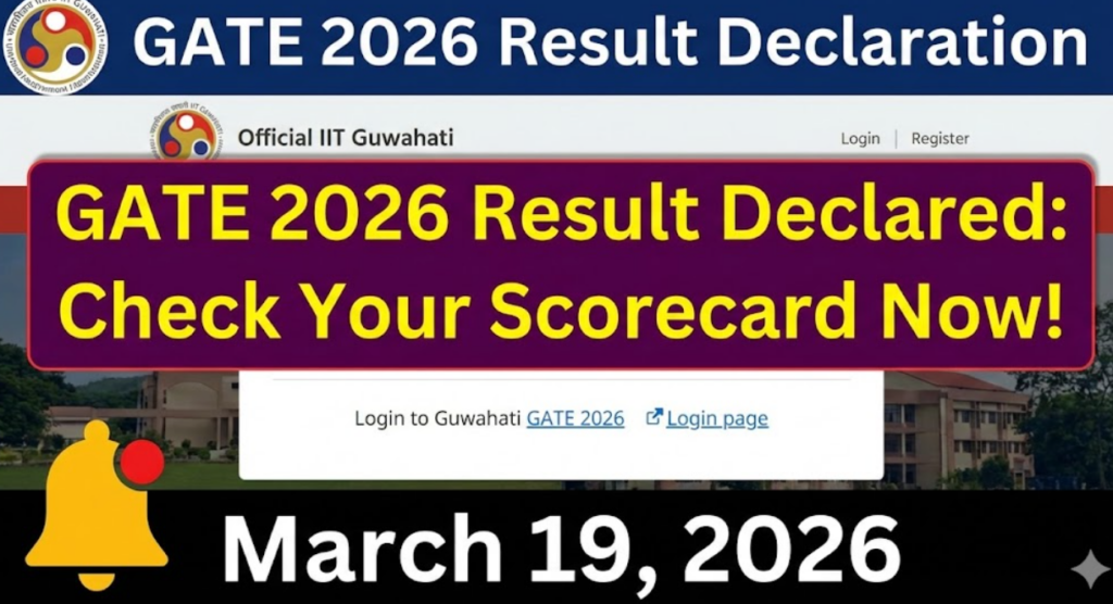A prominent notification graphic announcing the official GATE 2026 result declaration date scheduled for March 19, 2026.