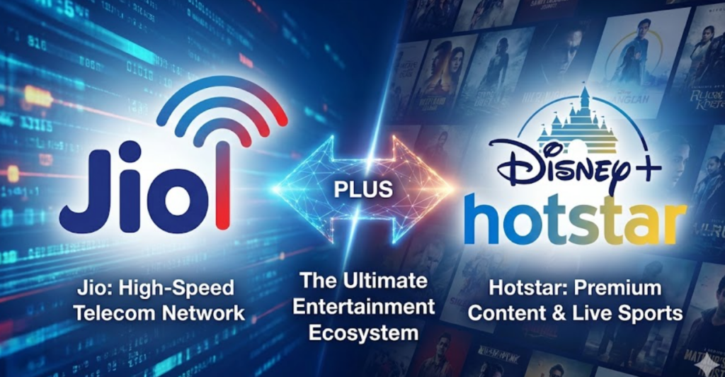A split-screen graphic showing the Jio logo on the left representing a high-speed telecom network, and the Disney+ Hotstar logo on the right representing premium content and live sports. A glowing arrow in the center with the word "PLUS" merges the two, with text below reading "The Ultimate Entertainment Ecosystem