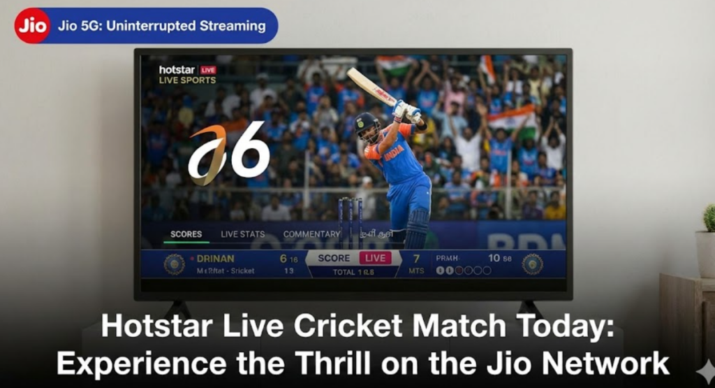 A smart TV screen displaying a live cricket match broadcast on the Hotstar app. A batsman is shown hitting a shot. The screen interface includes live scores, stats, and commentary options. A Jio 5G logo is visible in the corner with the text "Uninterrupted Streaming." The caption below reads "Hotstar Live Cricket Match Today: Experience the Thrill on the Jio Network."