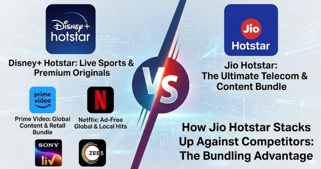 A comparison infographic with a central "VS" symbol. The left side displays logos for Disney+ Hotstar, Prime Video, Netflix, SonyLIV, and ZEE5, each with a brief description of their content focus. The right side prominently features the Jio Hotstar logo with the text "The Ultimate Telecom & Content Bundle." A banner below reads "How Jio Hotstar Stacks Up Against Competitors: The Bundling Advantage."
