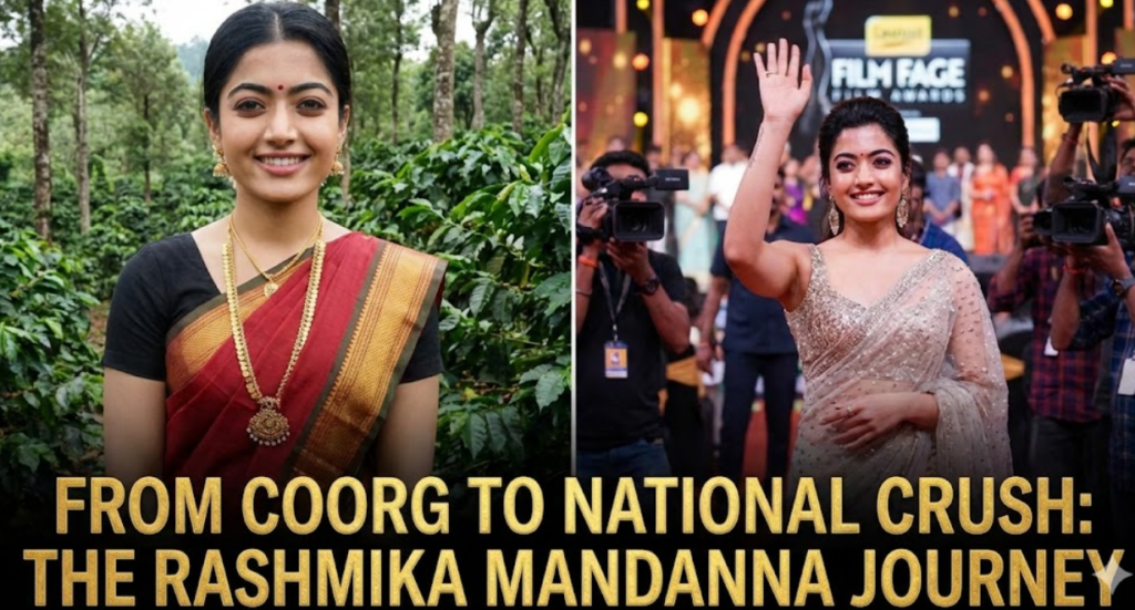 A split image illustrating Rashmika Mandanna's journey from a traditional Kodava girl in a Coorg coffee estate to a glamorous award-winning actress on a film stage, known as the National Crush.