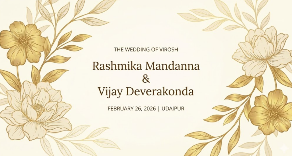 An elegant gold and cream floral wedding invitation graphic officially announcing the marriage of Rashmika Mandanna and Vijay Deverakonda on February 26, 2026, in Udaipur.