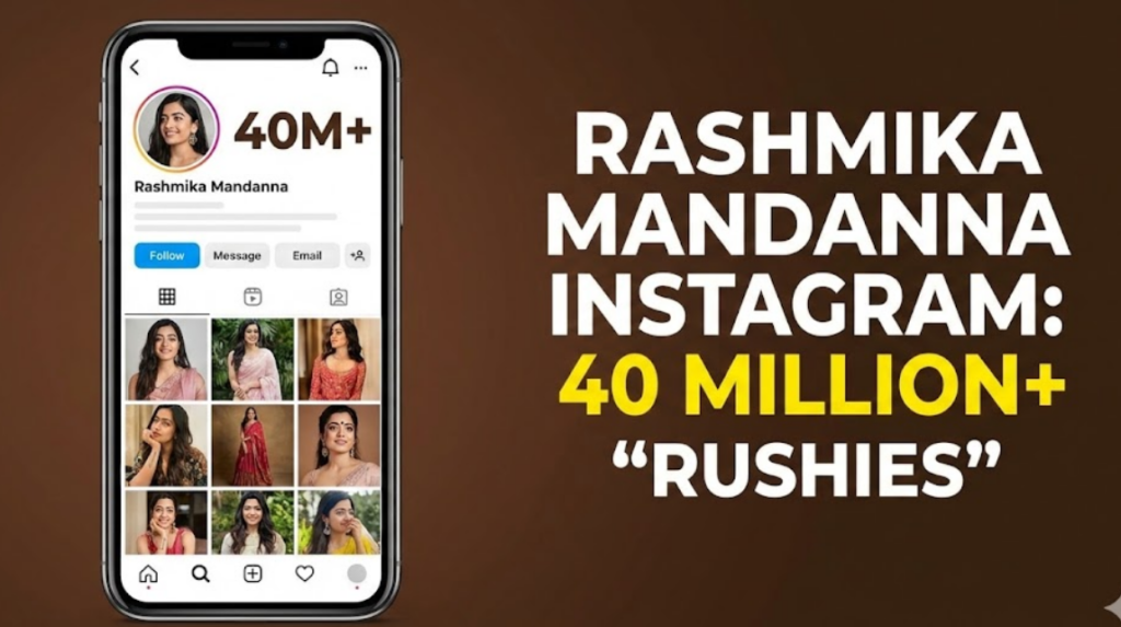 A graphic representation of Rashmika Mandanna's official Instagram profile on a smartphone screen, showcasing her massive fan following of over 40 million "Rushies."