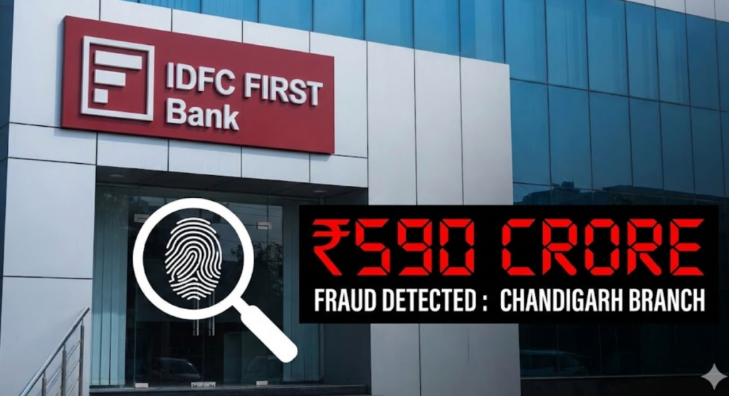 Close-up of the IDFC First Bank logo on a building facade with a magnifying glass icon and red text highlighting a "₹590 CRORE FRAUD DETECTED" at the Chandigarh branch.