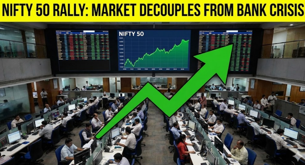A busy stock exchange trading floor with large screens displaying a green, upward-trending Nifty 50 index line graph and a large green arrow, showing the market rally decoupling from the bank crisis.