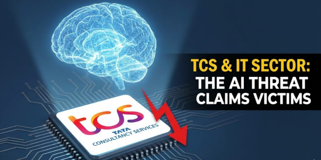 A conceptual image with a glowing AI brain above a microchip bearing the TCS logo, with a red downward arrow, symbolizing the AI threat claiming victims in the IT sector.