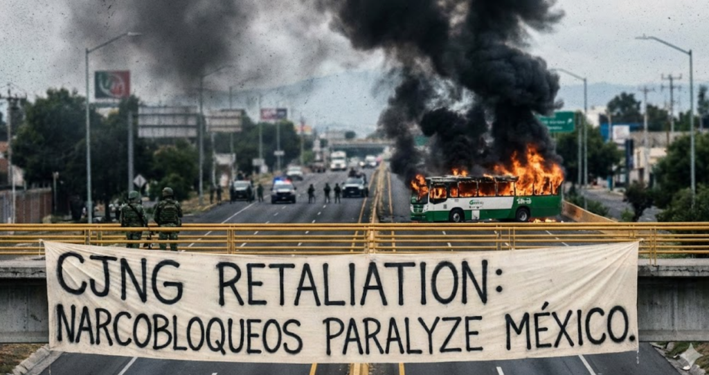 A dramatic scene of a narco-blockade on a Mexican highway with a burning green bus and black smoke, featuring military personnel behind a banner reading 'CJNG Retaliation: Narcobloqueos Paralyze México.' el mencho death