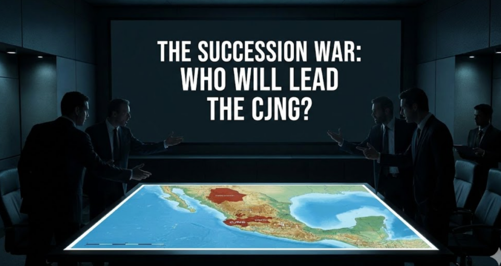 A conceptual image of shadowy cartel figures in suits standing in a dark boardroom around a glowing map of Mexico, with overlaid text asking 'The Succession War: Who Will Lead the CJNG?'