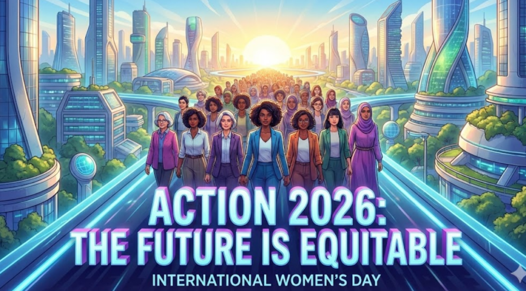 A futuristic digital illustration showing a diverse group of empowered women leading a march along a glowing elevated path through a advanced, sustainable city at sunrise. Large glowing 3D text overlays read "ACTION 2026: THE FUTURE IS EQUITABLE" with "INTERNATIONAL WOMEN'S DAY" below it, symbolizing progress and collective leadership.