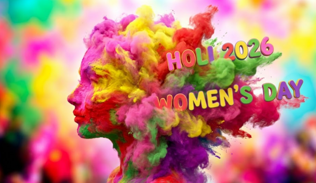 A vibrant 3D explosion of multi-colored Holi powder forming the silhouette of a woman's face in profile. The text "HOLI 2026" and "WOMEN'S DAY" is rendered in playful, colorful 3D letters within the powder cloud, celebrating the cultural convergence of the festival of colors and female empowerment.