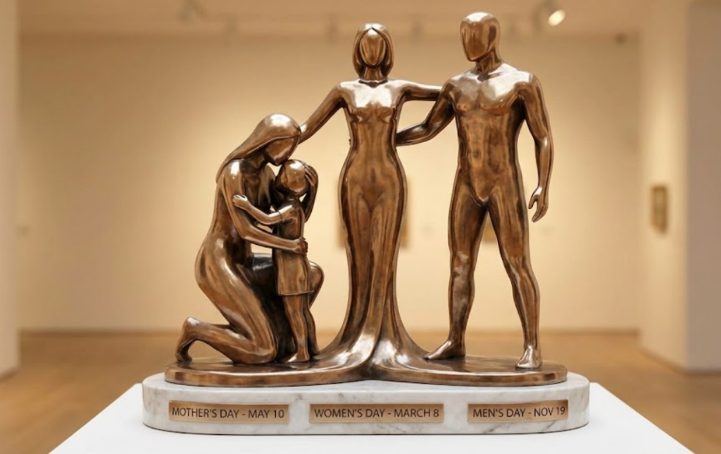 A polished bronze sculpture representing a unified family, showing a woman kneeling with a child alongside another woman and a man. The base features engraved plaques reading "MOTHER'S DAY - MAY 10," "WOMEN'S DAY - MARCH 8," and "MEN'S DAY - NOV 19," highlighting the interconnected nature of these human observances.