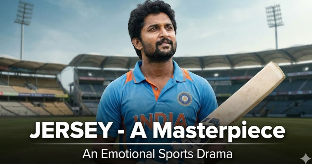 An emotional still of actor Nani wearing an Indian cricket jersey and holding a bat in a large stadium, representing his critically acclaimed film with text reading "JERSEY - A Masterpiece."