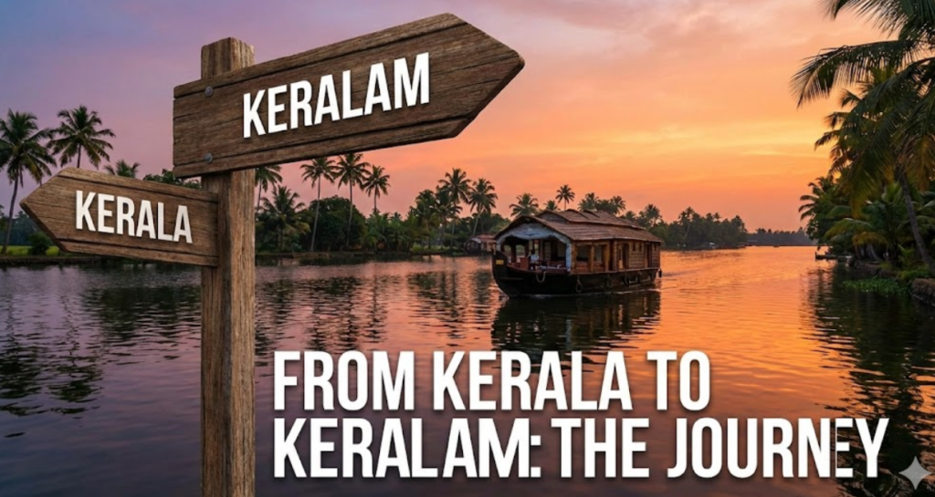 From Kerala to Keralam: The Journey, Meaning, and Cultural Heartbeat of God's Own Country 1 A rustic wooden signpost stands at sunset over Kerala backwaters with a houseboat. An arrow pointing left reads 'KERALA', while a larger arrow pointing forward reads 'KERALAM'. Text overlay at the bottom says 'FROM KERALA TO KERALAM: THE JOURNEY