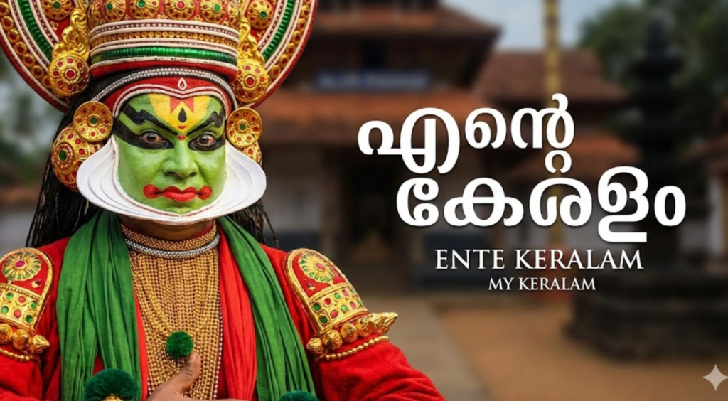 From Kerala to Keralam: The Journey, Meaning, and Cultural Heartbeat of God's Own Country 3 A close-up photograph of a Kathakali dancer in full green face paint and elaborate costume against a temple background. Overlay text reads 'എന്റെ കേരളം' in Malayalam script, followed by English transliteration 'ENTE KERALAM' and translation 'MY KERALAM'