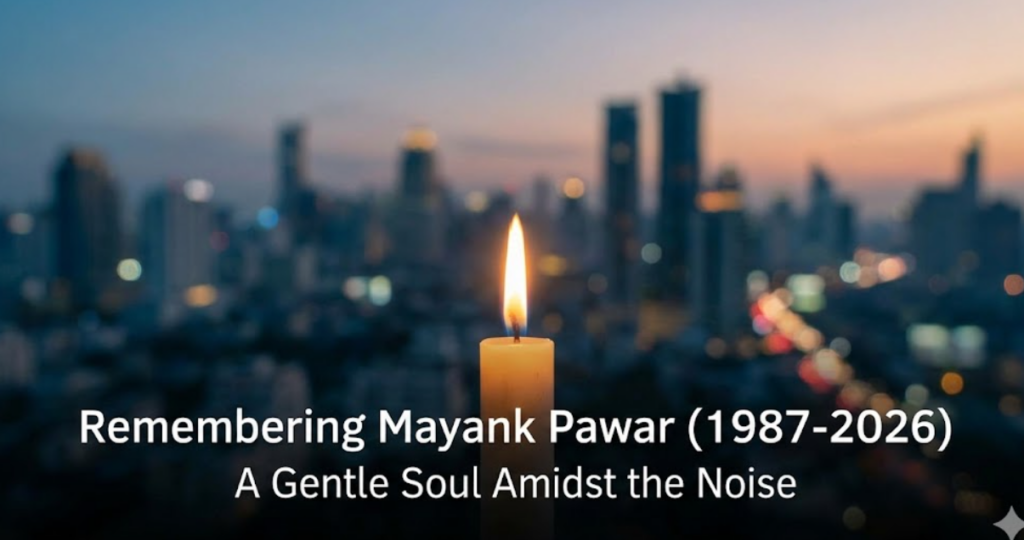 A serene image of a solitary lit candle glowing against a softly blurred twilight cityscape. Centered text reads "Remembering Mayank Pawar (1987-2026) - A Gentle Soul Amidst the Noise