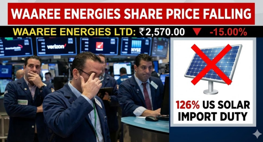A breaking news graphic showing the Waaree Energies Ltd share price dropping by 15 percent to 2,570 rupees, alongside a crossed-out solar panel representing the 126 percent US solar import duty