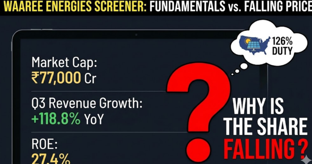 A digital tablet displaying Waaree Energies screener fundamentals like its 77,000 crore market cap and 118 percent Q3 revenue growth, questioning why the share is falling despite strong financials