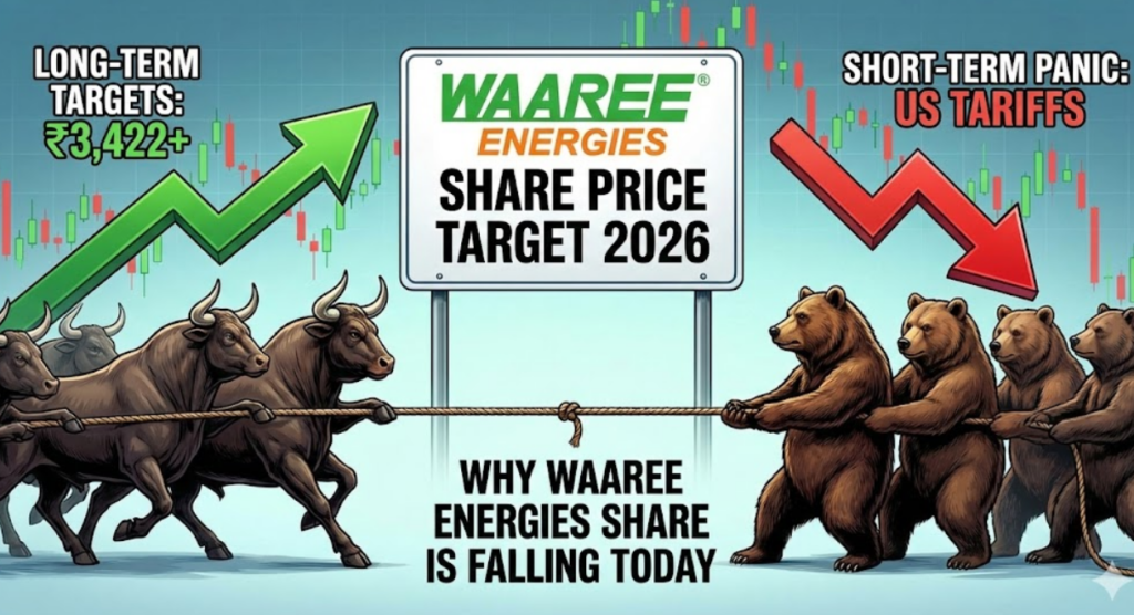 A financial tug-of-war illustration showing bulls pulling for long-term Waaree Energies share price targets of 3,422 rupees, while bears pull the market down due to short-term panic over US tariffs
