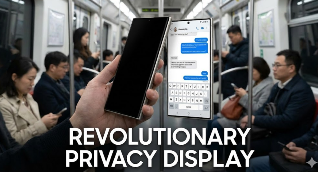 The Complete Guide to the Samsung Galaxy S26 Ultra: Specs, Price, and Release Date 2 A side-angle view of the Samsung Galaxy S26 Ultra held on a subway, demonstrating the "Revolutionary Privacy Display" feature where the screen appears dark from off-angles while showing a clear messaging app straight-on