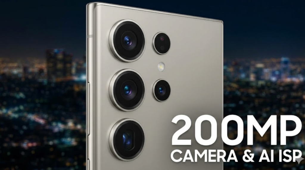 The Complete Guide to the Samsung Galaxy S26 Ultra: Specs, Price, and Release Date 3 A detailed close-up of the rear quad-camera module on the titanium Samsung Galaxy S26 Ultra, highlighting the massive lenses and sensors with text emphasizing the "200MP Camera & AI ISP" capabilities